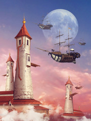 Naklejka premium Baśniowe wieże i latające statki na tle księżyca
