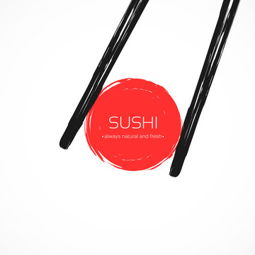 Chopsticks Holding Sushi Roll Frame. Concept illustration of snack, sushi, exotic nutrition,  sea food. Template for sushi restaurant, cafe, delivery or your business works.