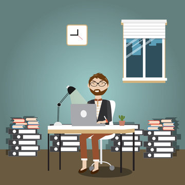 Hipster man working hard in the late night.illustrator EPS10.
