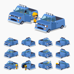Blue pickup truck. 3D lowpoly isometric vector illustration. The set of objects isolated against the white background and shown from different sides