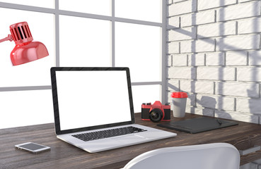 3D illustration laptop and work stuff on table near brick wall, Workspace