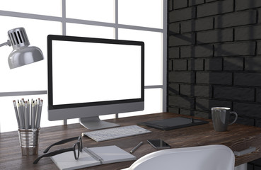 Fototapeta premium 3D illustration PC screen on table in office, Workspace