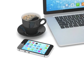 Laptop smartphone and coffee cup