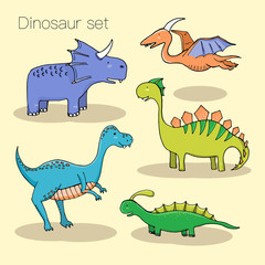 Set of different cute dinosaurs, mountauns and eggs in cartoon s