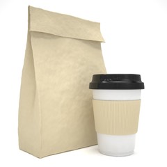 Coffee to go and lunch bag, on white.