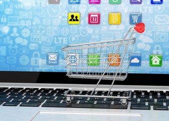 Shopping cart on laptop. 