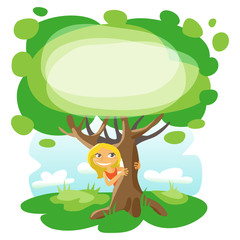 Girl behind the tree. Vector illustration.