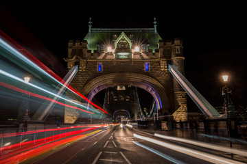 Fototapeta na wymiar Light trails on Tower Bridge in London at Night