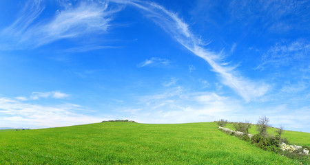 Verde e Blu - Collina con dell'erba verde e un cielo azzurro con delle belle nuvole frastagliate