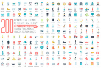 Fototapeta na wymiar Flat collection set icons of business, social, eco, bank, farm, fashion, tool, medicine, travel, candy, logistic, make up, training, office, skill, fruit, rescue, startup. For infographic illustration