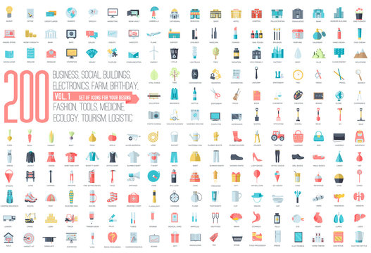 Flat collection set icons of business, social, eco, bank, farm, fashion, tool, medicine, travel, candy, logistic, make up, training, office, skill, fruit, rescue, startup. For infographic illustration