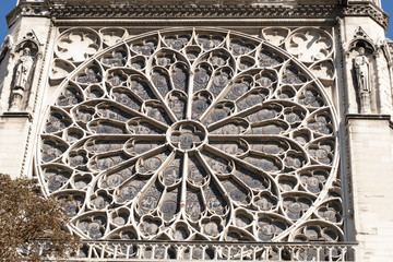 architectural detail of the beautiful Notre Dame Cathedral. Paris