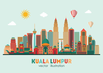 Obraz premium Szczegółowa sylwetka Kuala Lumpur. Ilustracji wektorowych