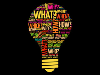 Question words bulb, word cloud concept