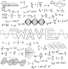 Wave physics science theory doodle math formula equation handwriting and frequencies model icon in isolated background paper used for school education and document decoration (vector)