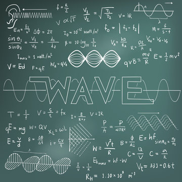 Wave physics science theory law math formula equation doodle handwriting and frequencies model icon in blackboard background used for school education and decoration (vector)