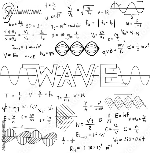 "Wave physics science theory doodle math formula equation handwriting ...