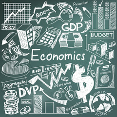 Economics financial education doodle icon money currency investment profit graph and cost analysis sign symbol in blackboard background for presentation title (vector)