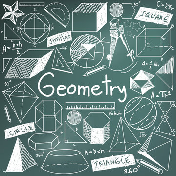 Geometry math theory and mathematics doodle icon in blackboard background with hand drawn geometric model used for school education and document decoration, create by vector