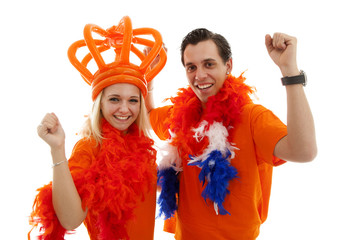 Couple of Dutch soccer supporters cheer