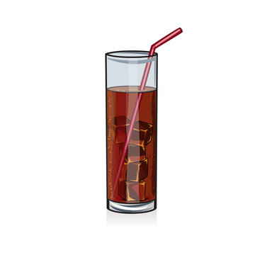 Cola soda drink with ice cubes in glass