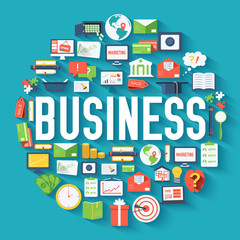 Business circle infographics template concept. Icons design for your product or design, web and mobile applications. Vector flat with long shadow illustration on blue background