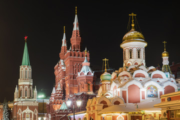 View of the Red Square in winter with Nikolskaya street. Moscow,