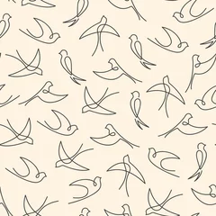 Behang Lijnkunst Naadloos patroon gemaakt van zwaluwen met één lijn