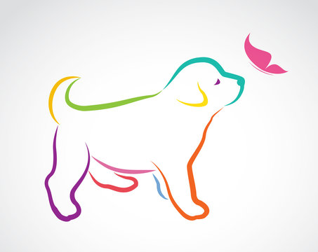 Vector image of dog and butterfly on white background