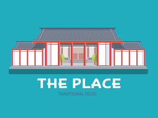 Japanese architecture house in flat design background concept. Japan traditional dojo place. Icons for your product or illustration, web and mobile applications.