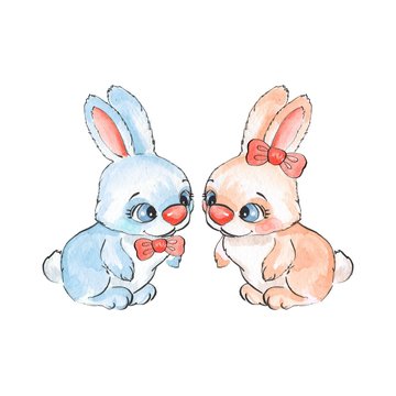 Cartoon rabbits. Watercolor illustration 05