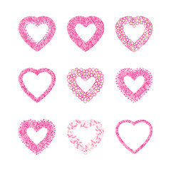 Heart Shape Frame Set Made Of Pink Hearts, Flowers And Petals. V