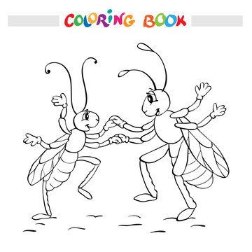 Coloring book or page. Two fanny bugs is dancing.