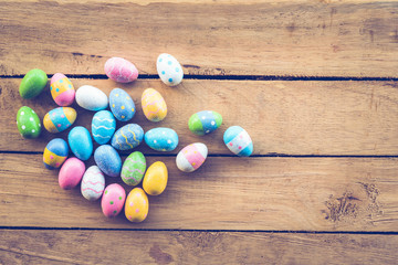 Easter eggs on wood background with Vintage tone.