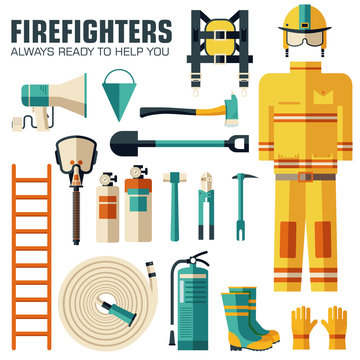 Flat firefighter uniform and first help equipment set and instruments. On flat style background concept. Vector illustration for colorful template for you design, web and mobile applications