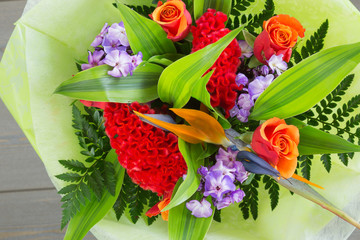  spring bouquet of bright flowers. close to the top. color image