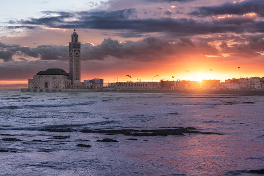 Sunrise over Hassan II Mosque on a promontory overlooking the Atlantic Ocean, Casablanca, Morocco