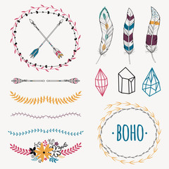 Vector ethnic set with arrows, feathers, crystals, floral frames, borders. Modern romantic boho style. Templates for invitations, scrapbooking. Hippie design elements. © Eireen