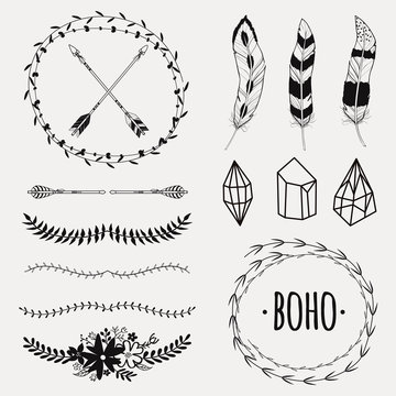 Vector monochrome ethnic set with arrows, feathers, crystals, floral frames, borders. Modern romantic boho style. Templates for invitations, scrapbooking. Hippie design elements.