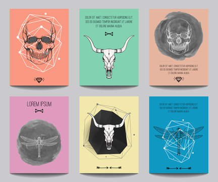 Vector set of modern posters with human skulls, bull skulls, dragonflies, geometrical shapes. Trendy hipster style for flyers, banners, brochures, invitations, business contemporary design.