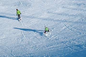 KRONPLATZ, ITALY - FEBRUARY 3: Skiers cruise down the mountain on February 3, 2012, at the...