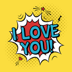 Vector colorful romantic illustration with "I love you" quote. Valentine's Day greeting card in modern comic style with halftone background, bubble splash, star and heart.
