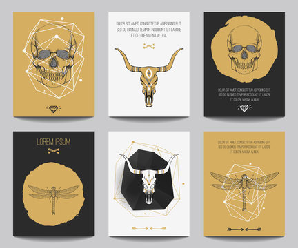 ector set of gothic posters with human and bull skulls, dragonflies, geometrical shapes. Trendy hipster style for flyers, banners, brochures, invitations. Modern gold, black and white colors.