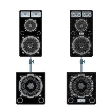 color flat style loudspeakers stand subwoofer pair illustration.