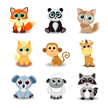 Collection of cute animals including fox, panda, cat, pony, monkey, giraffe, koala, sheep and raccoon. Color vector illustration.