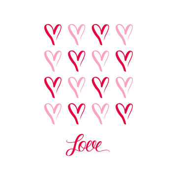 Hand drawn hearts symbols with inscription LOVE vector illustration.