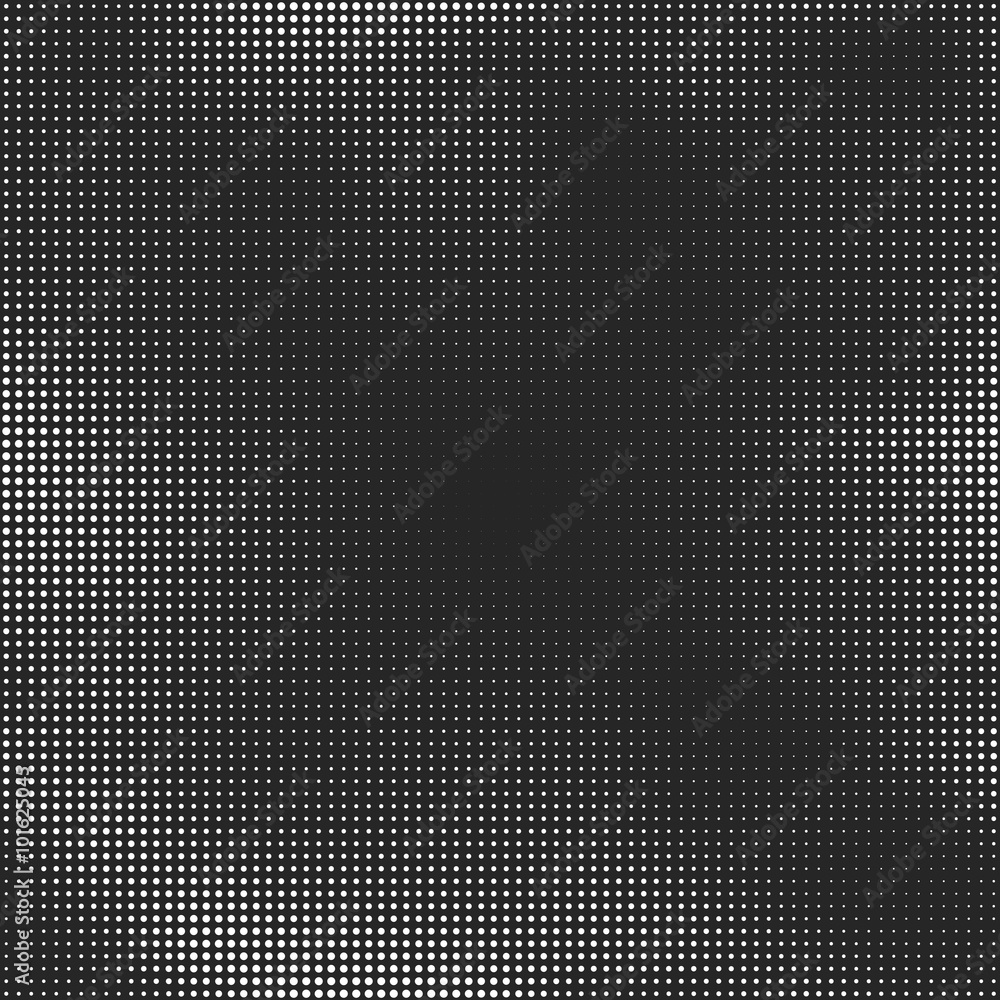 Poster Halftone seamless vector background. Abstract halftone effect with white dots on black background
