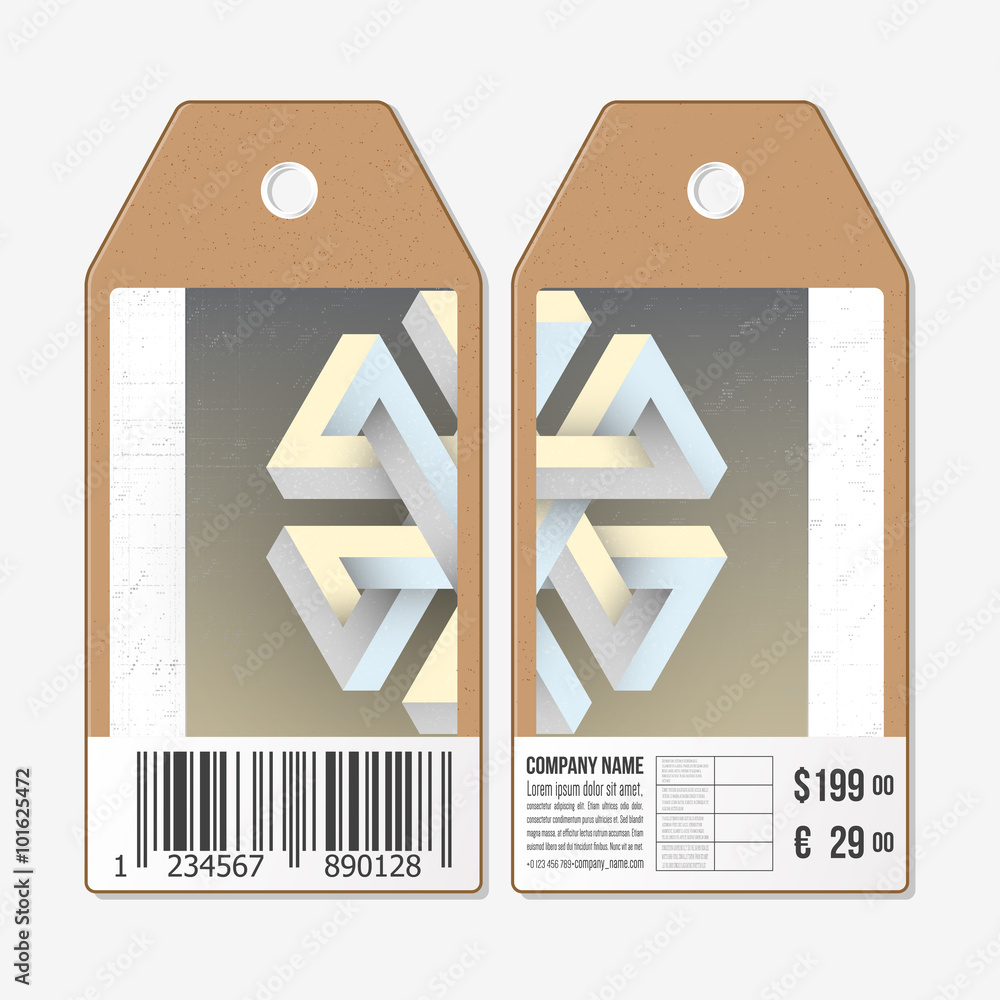 Poster vector tags design on both sides, cardboard sale labels with barcode. unreal impossible geometric fi