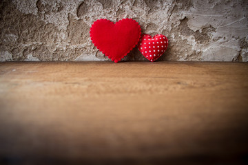 Red Hearts on Wooden Floor With Retro Wall Background,Concept of Love,Valentines Day Background