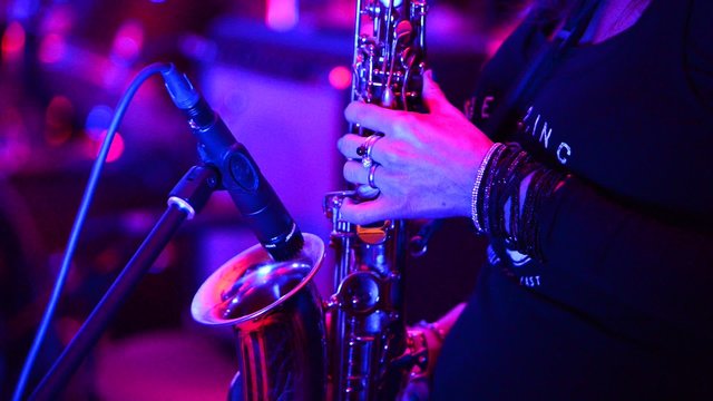 detail of saxophonist player at the rock concert, no sound,real time,zoom in